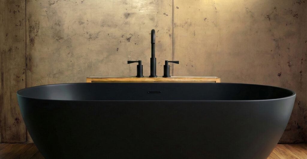 Ein modernes Badezimmer mit einer eleganten, freistehenden Badewanne und einer Wand in Betonoptik von Einhornwerke.