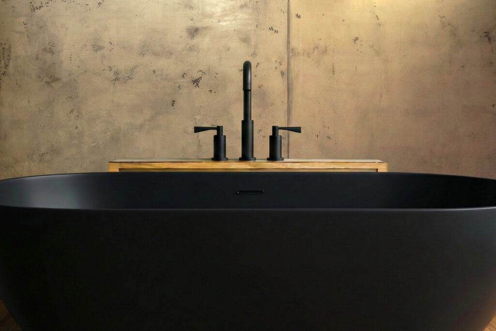 Ein modernes Badezimmer mit einer eleganten, freistehenden Badewanne und einer Wand in Betonoptik von Einhornwerke.