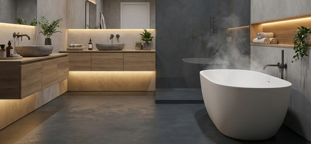 Ein stilvolles Badezimmer mit glatten Wänden in MARMOREA und einem Boden in HERKULES-Farbton schafft eine elegante Atmosphäre.
