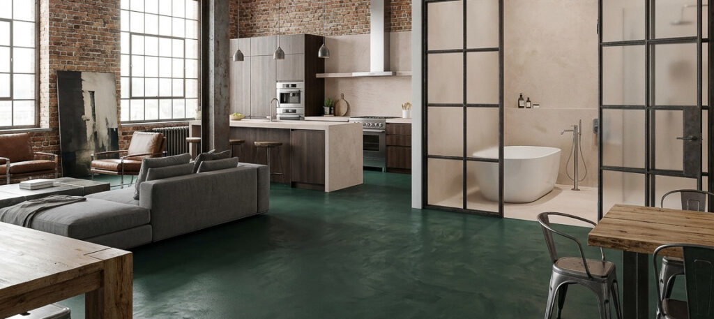 Ein modernes Wohnzimmer mit Designboden-HERKULES-2714, stilvoller Wandgestaltung und industriellem Charme.