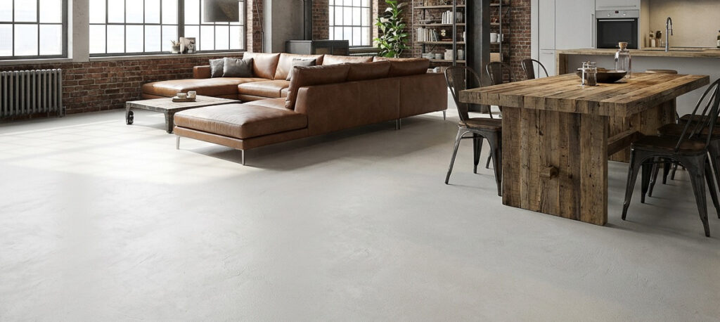 Ein modernes Wohnzimmer mit elegantem Sichtbetonboden Designlboden-HERKULES-2704-2 und stilvoller Wandgestaltung.