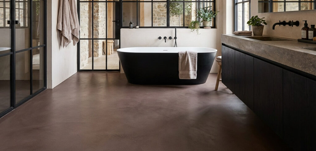 Ein modernes Badezimmer mit einem eleganten Designlboden-HERKULES-3207 und stilvollem Streichputz an den Wänden.