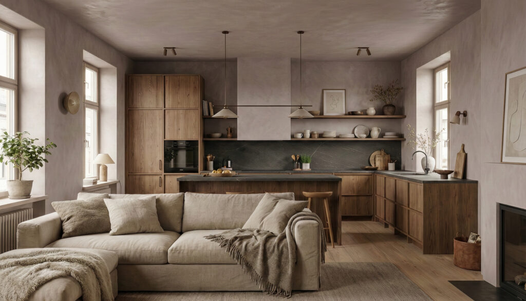 Ein modernes Wohnzimmer mit gemütlicher Couch, Holzregalen und Kalkputzwänden schafft eine stilvolle Atmosphäre. | © Einhornwerke