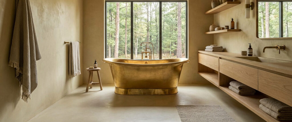 Ein modernes Badezimmer mit einem eleganten goldenen Bad und Wandgestaltung aus Streichputz schafft eine einladende Atmosphäre.