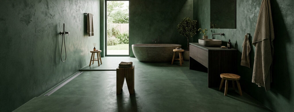 Ein modernes Badezimmer mit fugenlosem HERKULES-Designboden und stilvollem Streichputz für eine elegante Wandgestaltung.