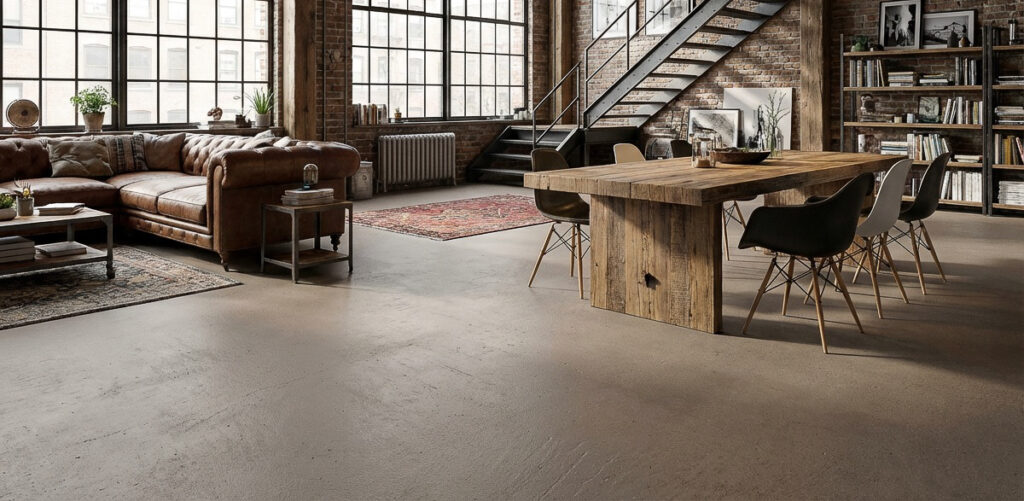 Ein modernes Wohnzimmer mit HERKULES-Designboden-3211 und stilvoller Wandgestaltung schafft eine elegante Atmosphäre.