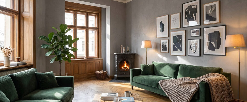 Ein modernes Wohnzimmer mit stilvoller Wandgestaltung aus Kalkputz und gemütlichem Interieur schafft eine einladende Atmosphäre.