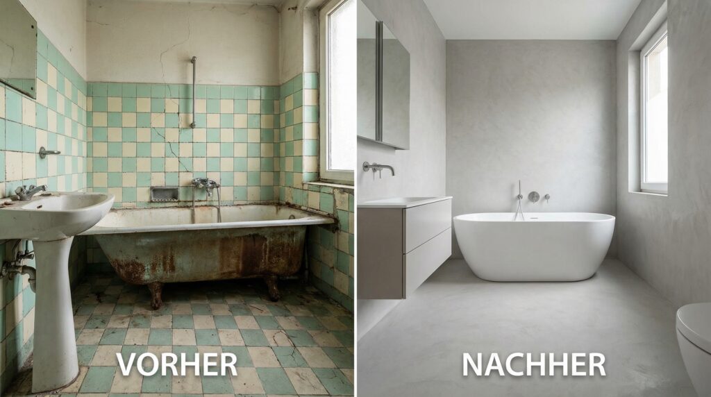 Ein Vorher-Nachher-Bild zeigt den beeindruckenden Umbau eines Badezimmers mit fugenloser Wandgestaltung von Einhornwerke.