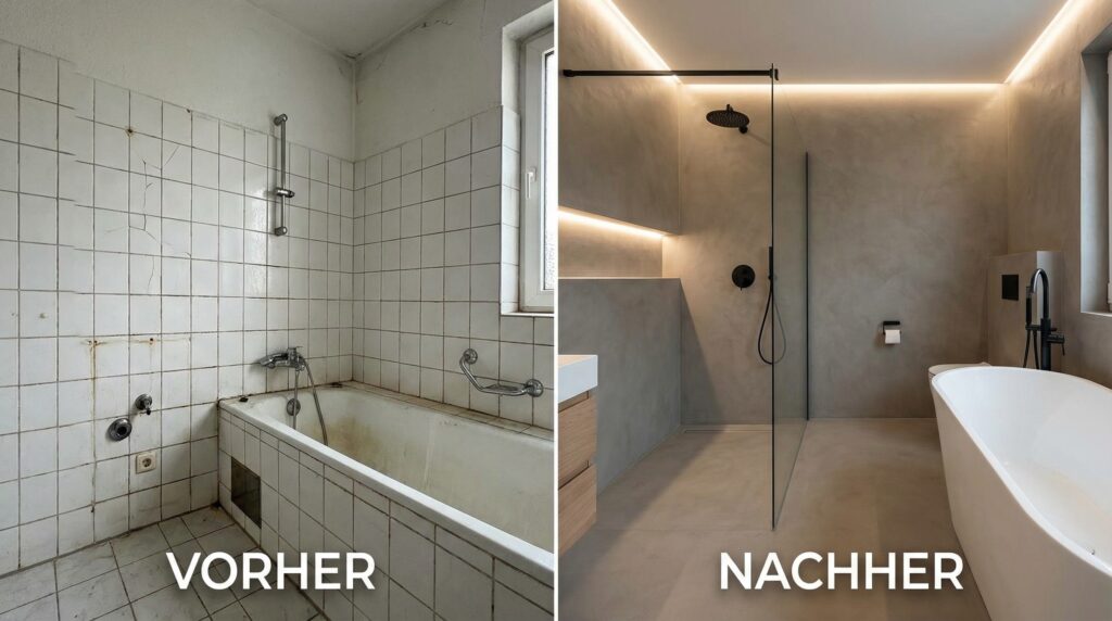 Vom Fliesenkaro zum fugenlosen Bad: Vorher-nachher-Effekt