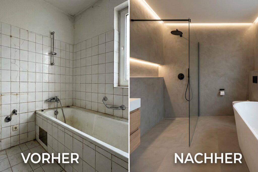 Vorher-Nachher-Vergleich eines Bades, das von Fliesen zu einem modernen, fugenlosen Raum mit Streichputz umgestaltet wurde. | © Einhornwerke