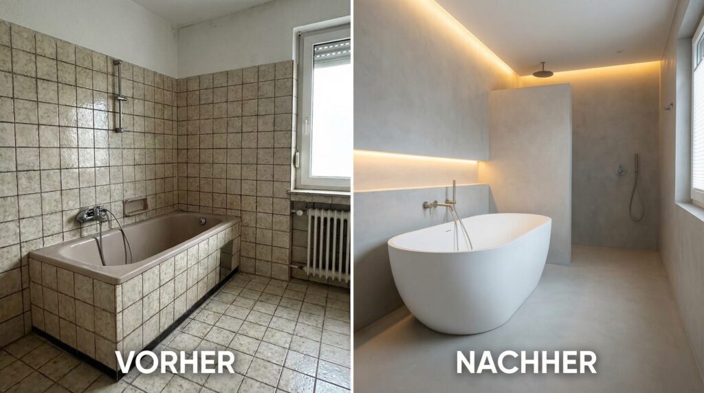 Vorher-Nachher-Bild zeigt die Verwandlung eines alten Badezimmers in ein modernes, fugenloses Bad mit eleganter Wandgestaltung.