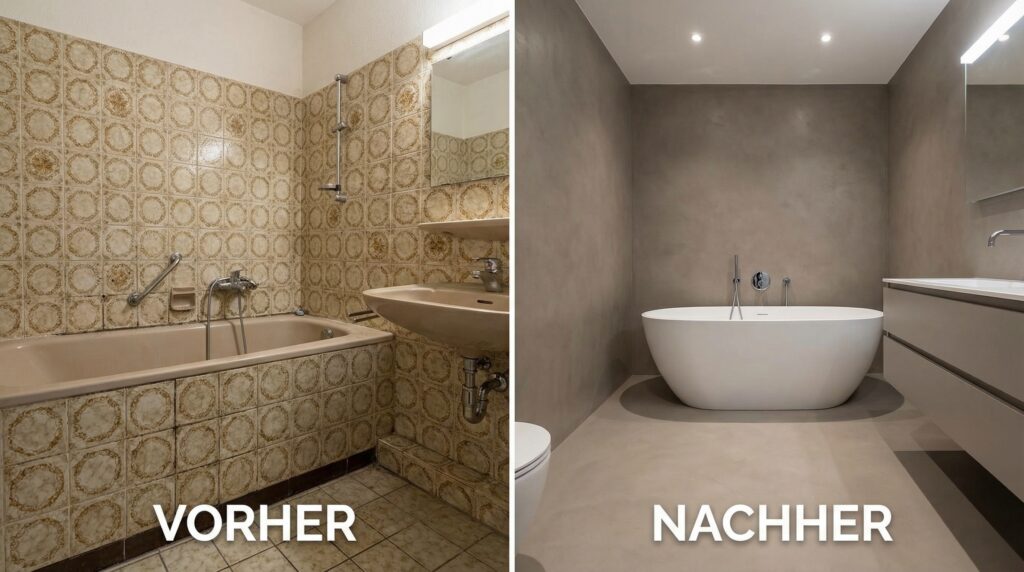 Vorher-Nachher-Vergleich eines Badezimmers zeigt elegante Wandgestaltung mit Streichputz von Einhornwerke.